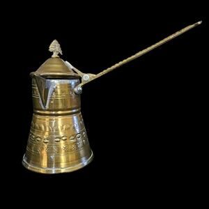 Vintage Middle Eastern Brass Dallah Coffee Pot Engraved Long Handle Lidded